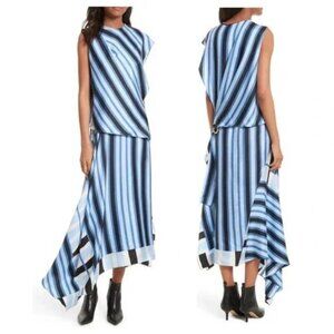 DVF Blue Stripe Silk Asymmetric Dress